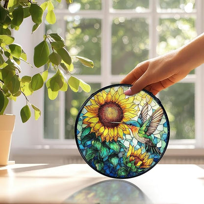 Hummingbird Sunflower Suncatchers Stained Glass Window Hanging, Hummingbird Flower Sun Catchers Indoor Window Glass Round Wall Decor, Bird Sunflower Wall Hanging Decorations, 7.9x7.9in