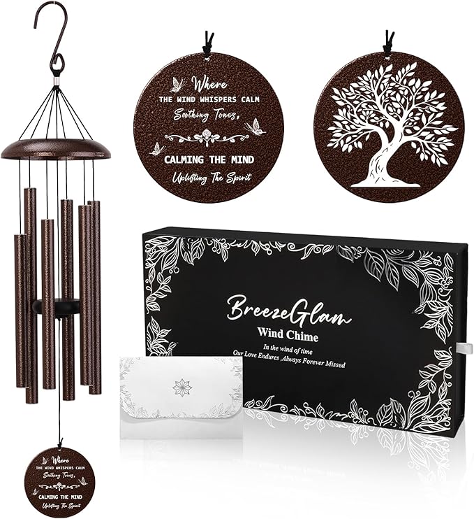 32" Memorial Wind Chimes Outdoor Deep Tone, C Major Tuned Aluminum Wind Chime with Gift Box & Message Envelope, Sympathy Wind Chime for Garden Patio Hanging Decor, Tree Pattern, Bronze