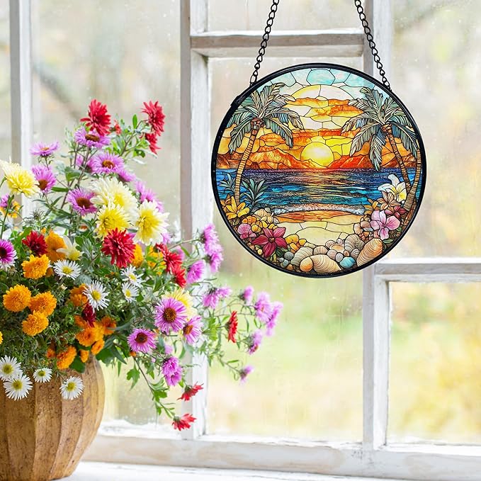 Tropical Beach Suncatchers Stained Glass Window Hanging, Coastal Ocean Sun Catchers Indoor Window Glass Round Wall Decor, Coastal Seascape Beach Wall Hanging Decorations, 7.9x7.9in