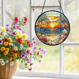 Tropical Beach Suncatchers Stained Glass Window Hanging, Coastal Ocean Sun Catchers Indoor Window Glass Round Wall Decor, Coastal Seascape Beach Wall Hanging Decorations, 7.9x7.9in