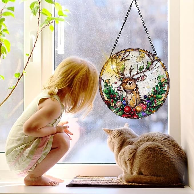 Bimkole Deer Stained Glass Suncatcher Window Hanging - Animal Indoor Window or Doorway Decoration - Handmade Sun Catcher Decor for Garden Home Christmas & Birthday Gifts 7.87x7.87 inch