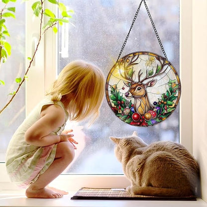Bimkole Deer Stained Glass Suncatcher Window Hanging - Animal Indoor Window or Doorway Decoration - Handmade Sun Catcher Decor for Garden Home Christmas & Birthday Gifts 7.87x7.87 inch