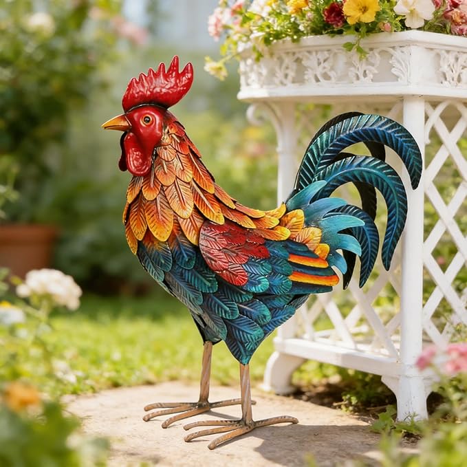 Shorayn Metal Rooster Statues Outdoor Garden Decor Metal Chicken Sculptures & Statues Chicken Ornaments Yard Art for Backyard Patio Lawn Decorations