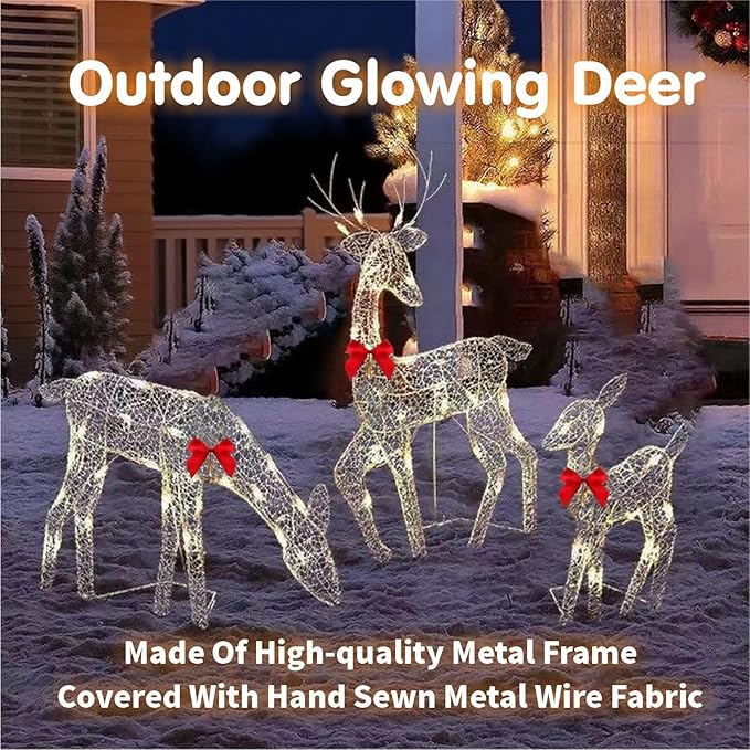 Pre-Lit Outdoor Christmas Deer Family Set, 2D Lighted Reindeer Decoration, 60 LED Warm White Lights, 3-Piece, Waterproof,Battery Powered for Indoor Outdoor Yard Display (A)