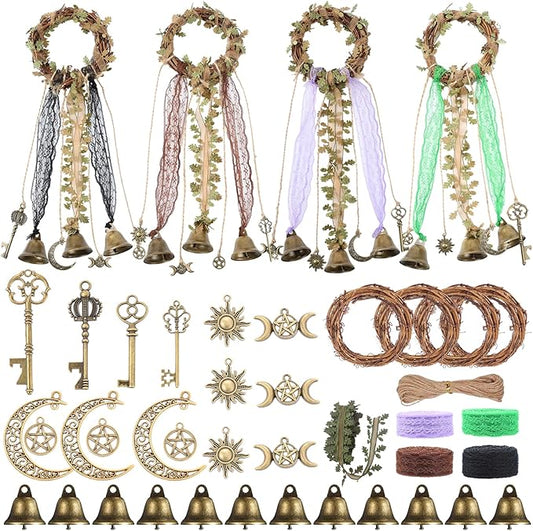 RENEMEGO 4 Set Bells for Door - DIY Witchcraft Supplies Kit Hanging Wind Chimes for Door Knob Wiccan Stuff Samhain Home Decor for House Bedroom Garden Wall Witch