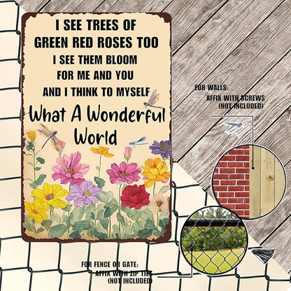 XIULUAN Vintage Garden Art Metal Signs Home Flowers Wall Decoration Easter Decor What A Wonderful World Sign 12x8 Inches, Yellow