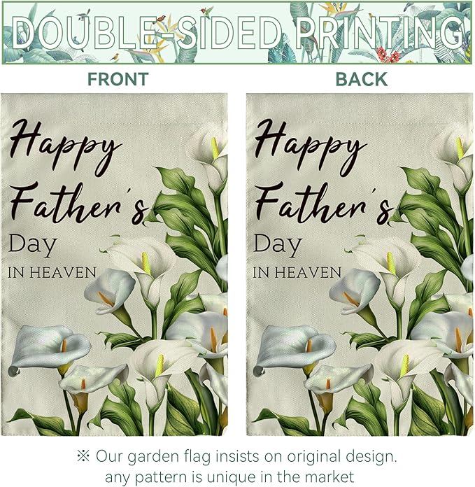 Happy Fathers Day in Heaven Garden Flag Calla Lily Floral Burlap Yard Flags Family Dad Daddy Remembrance House Banner Grave Cemetery Garden Flags for Outdoor Decorations 12 X 18 Inches