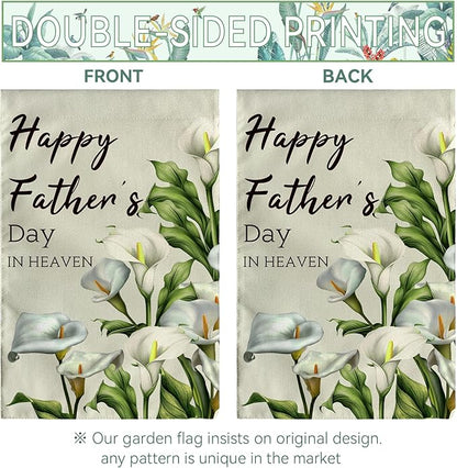 Happy Fathers Day in Heaven Garden Flag Calla Lily Floral Burlap Yard Flags Family Dad Daddy Remembrance House Banner Grave Cemetery Garden Flags for Outdoor Decorations 12 X 18 Inches