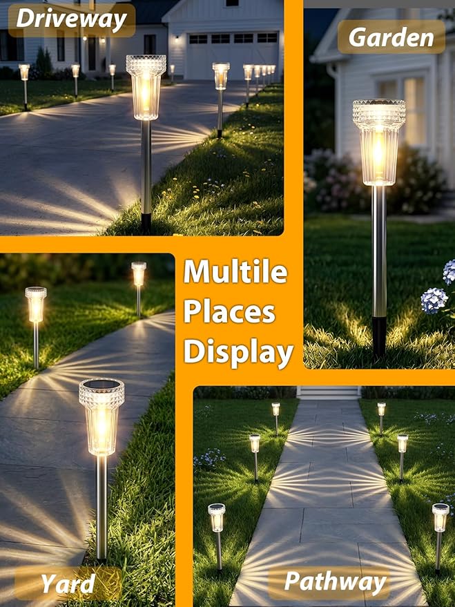 DERAYSION Solar Lights Outdoor, 8 Pack Solar Pathway Lights Dusk-to-Dawn Garden Lighting, Waterproof LED Stainless Steel Pole, Outdoor Solar Lights for Path Walkway Yard Driveway Decor - Warm White