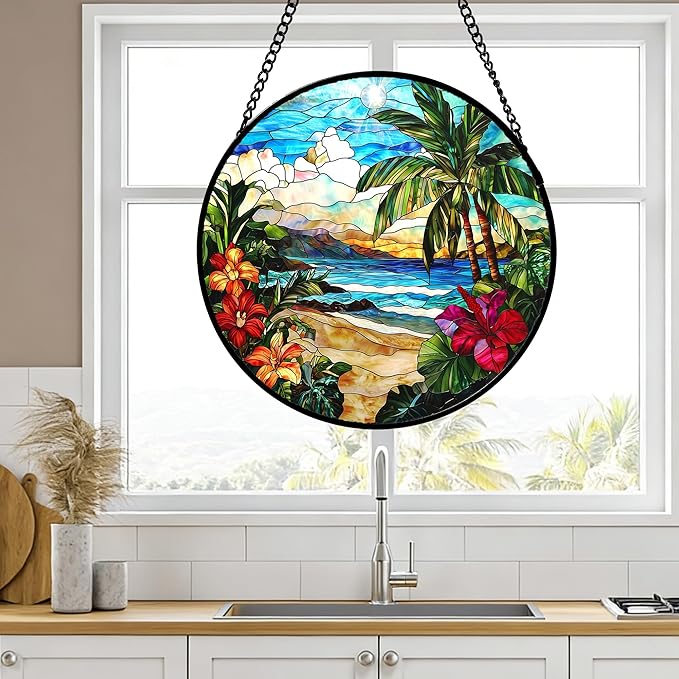 DASTOLL Stained Glass Window Hanging, Blue Beach Scenery Suncatcher Diamond Glass Panel Hangings Sun Catchers Decor for Birthday for Women, Men, Wife, Aunt, and Mom 7.8 in