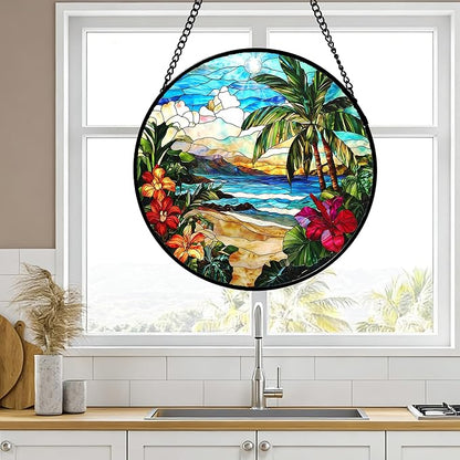 DASTOLL Stained Glass Window Hanging, Blue Beach Scenery Suncatcher Diamond Glass Panel Hangings Sun Catchers Decor for Birthday for Women, Men, Wife, Aunt, and Mom 7.8 in