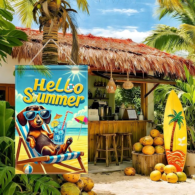 HOMETITUTE Hello Summer Garden Flag Dachshund Dog Flag 12x18 Inch Double Sided Summer Dachshund Garden Flag Sea Beach Seasonal Yard Flag for Outside Decoration Small Seasonal Decor for Farmhouse Holiday