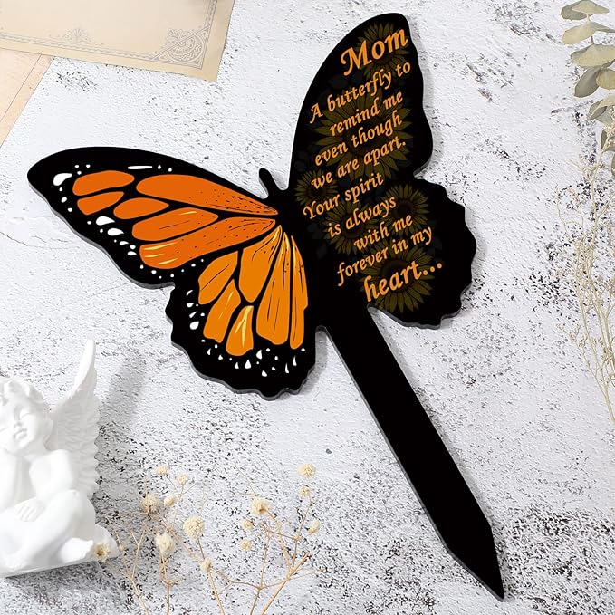 Geosar Mom Memorial Stakes Cemetery Grave Plaque Stake Markers Memorial Butterfly Plaques for Outdoors Sympathy Garden Stake Acrylic Waterproof Garden Grave Decoration(Retro Style)