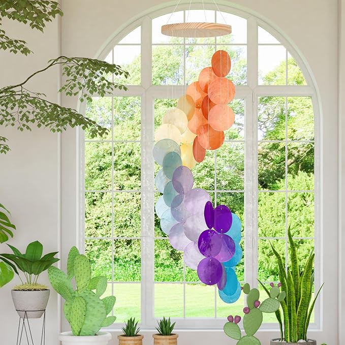 Colorful Gradient Spiral Shape Capiz Shells Windchime,Shell Wind Chimes for Outside,Coastal Wind Chimes for Indoor/Outdoors,Seashell Wind Chimes,Best Hanging Decor for Balconies,Garden,Yard