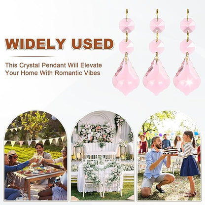 M METERXITY 10PCS Crystal Suncatcher 2 Leaves Prisms Pendants Ornament, 38mm Chandelier Hanging Crystal Sun Catcher Beads for Home Garden Windows Wedding DIY Decoration [Pink]