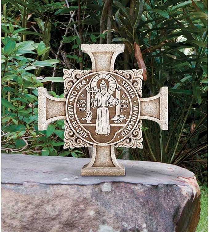 Avalon Gallery Saint Benedict Stepping Stone Cross, Stone Resin Garden Décor, 11" Square