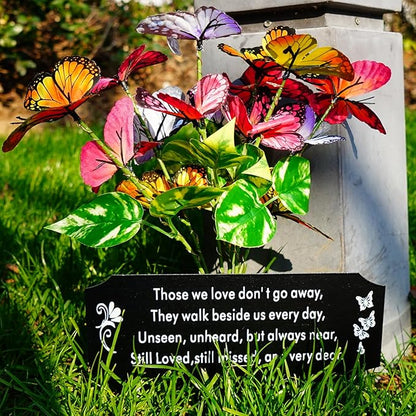 Solar Butterfly Memorial Stake for Graves - Metal Cemetery Garden Decor with LED Lights - Sympathy Remembrance Plaque to Honor Mother Father - Weatherproof Outdoor Bereavement Tribute(with Flowers)