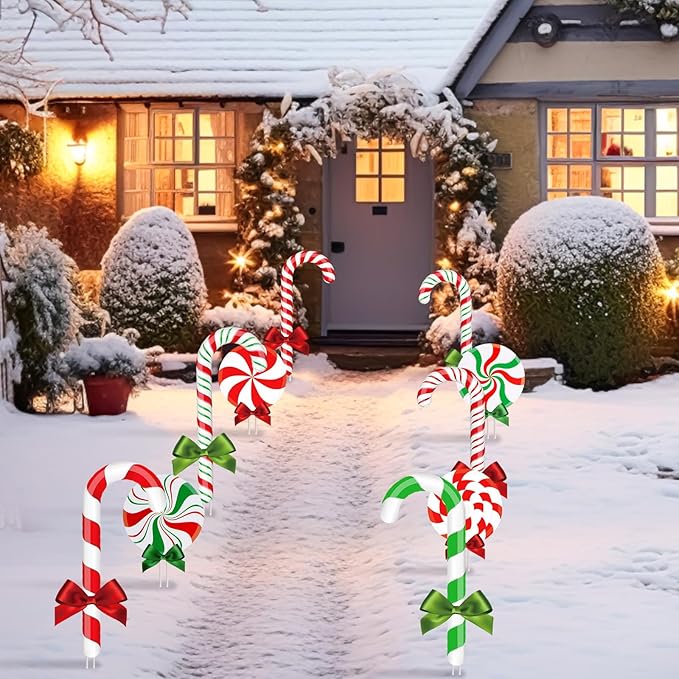 Glenmal 12 Pcs Christmas Yard Decor Outdoor Peppermint and Candy Cane Yard Decorations with Stakes Waterproof Xmas Garden Lawn Pathway Decorations Christmas Decor Outside(Red White, Red Green)