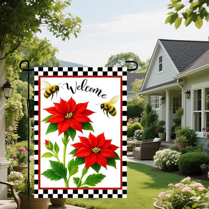 IVN Floral Welcome Garden Flag 12x18 Inch Double Sided Yard Flag Double Sided Bee Red Flowers Decorative Small Flags for Outside Seasonal Farmhouse Yard Outdoor Decoration Flags