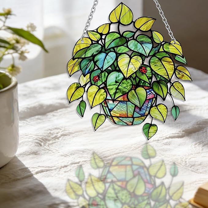 Plant Suncatcher Glass, Stained Glass Suncatcher Plant Window Hanging, Unique Nature Lover Gifts Leaf