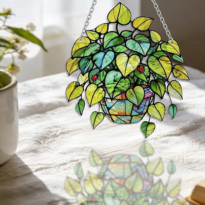 Plant Suncatcher Glass, Stained Glass Suncatcher Plant Window Hanging, Unique Nature Lover Gifts Leaf