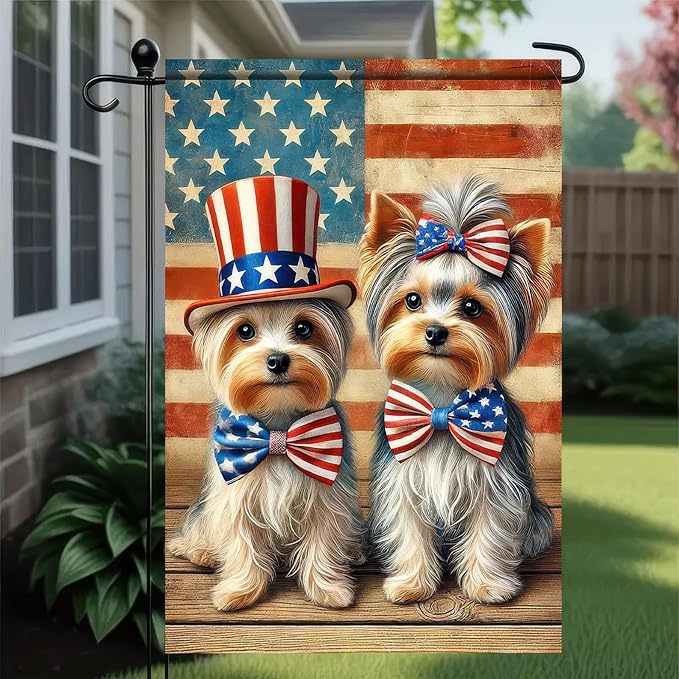 BlissYard Patriotic 4th of July Yorkie Dog Garden Flag American Flag Double Dogs Welcome Small Yard Flag 12x18 Inch Double Sided Patriotic Dog Decor Outdoor Seasonal Decoration Independence Day Memorial Day