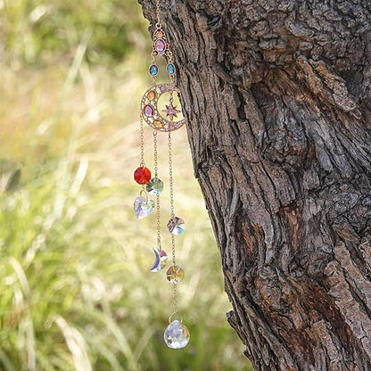 Moon Prism Crystal Suncatcher for Car Rear Mirror- Hanging Decoration for Indoor Window Outdoor Patio Chandelier Garden - Rainbow Maker Hanging Ornament