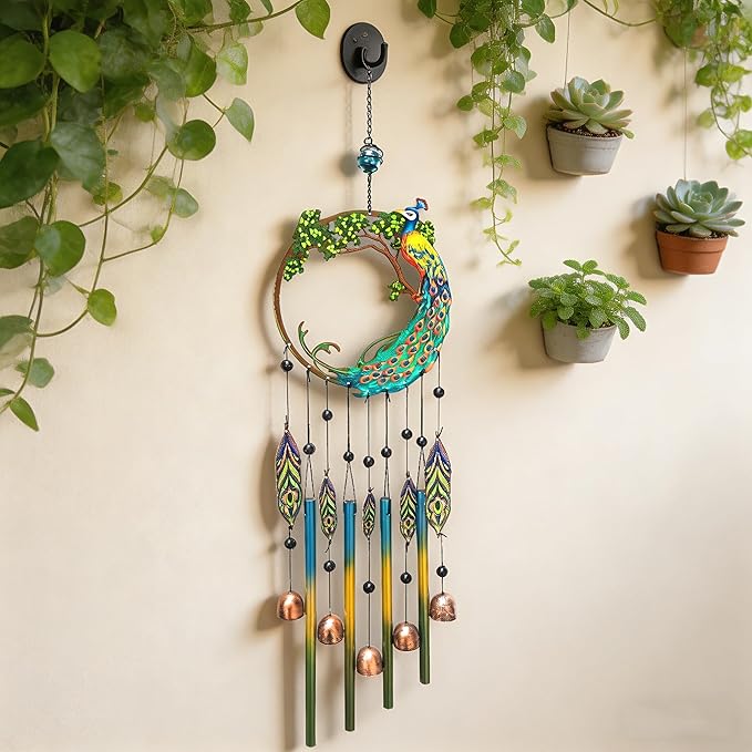 Peacock Dream Catchers Windchimes with Copper Bells 28" Peacock Wind Chimes for Zen Atmosphere Outdoor Garden Decor Unique Peacock Gift Home Decor
