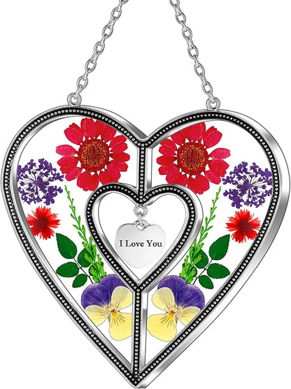 KY&BOSAM Heart Suncatchers I Love You Stained Glass Hangings for Windows Suncatcher Birthday Gifts for Women Mothers Valentine`s Day Real Flower Glass & Metal Maker for Christmas Party Home Decor