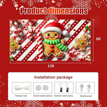 HOMETITUTE Christmas Garage Door Banner 13x6ft Gingerbread Man Candy Cane Theme Backdrop Banners for Outside Inside Winter Door Cover Garage Wall Covering for Party Garage Decorations