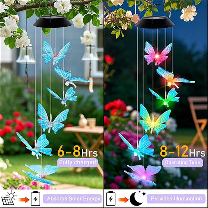 Solar Wind Chimes for Outside, Butterfly Wind Chimes, Color Changing LED Mobile Wind Chime, Solar Butterfly Lights for Outdoor Porch Deck Garden Patio Decor, Blue
