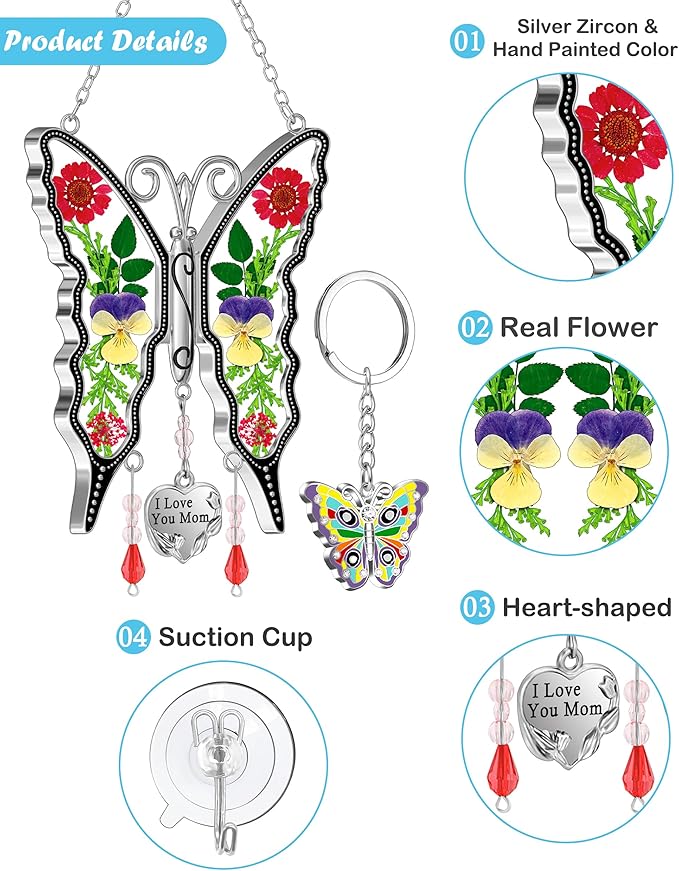 KY&BOSAM Gifts for Mom I Love You Mom Butterfly Suncatcher Stained Glass Window Hanging Wind Chime with Pressed Real Flowers Purple Butterfly Mother Gift for Women Mothers Day Christmas Birthday Decor