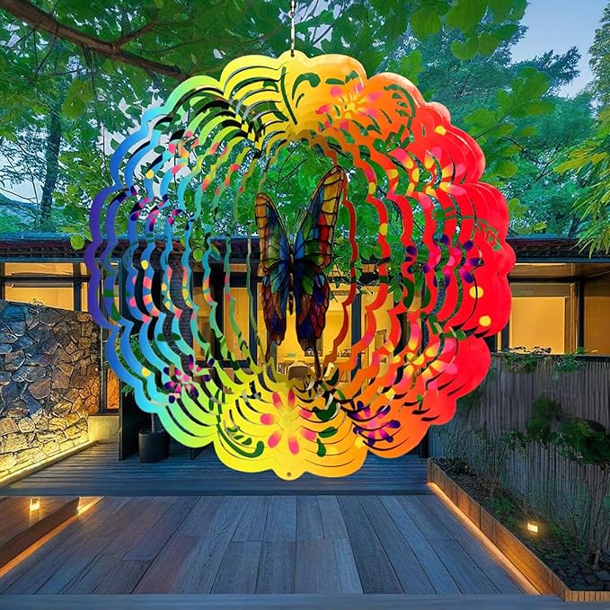 Wind Spinner, 3D Hanging Wind Spinner Ornament, Gifts for Women Mom Grandma, 12inch Metal Wind Kinetic Sculpture for Outdoor&Indoor Decor, Yard Art, Garden Decoration (Flower Butterfly)