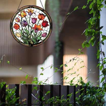 Tulip Stained Glass Window Hanging Botanical Sun Catcher Decor Tulip Lover Gifts for Women Christmas Suncatchers for Home Windows Hanging Decoration, 7.87inch