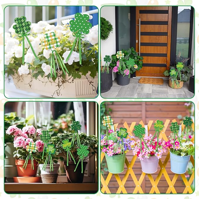 Cinrobiye 6 Pcs Metal St.Patrick's Day Planter Stakes Irish Table Centerpiece Lucky Shamrock Garden Stake Outdoor Lawn for St.Paddy's Day Garden Greetings Home Farmhouse Decor (Shamrock)