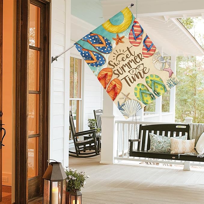 AVOIN colorlife Summer Beach Flip Flops House Flag 28x40 Inch Double Sided, Welcome Seasonal Coastal Burlap Yard Outdoor Decoration