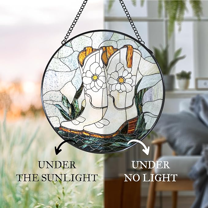 Western Cowgirl Boots Stained Glass Window Hanging Suncatcher, Cowboy Boots Flower Sun Catcher Indoor Window Decor, Cowgirl Gifts Painted Glass Round Wall Hanging Decorations, 7.8x7.8 in