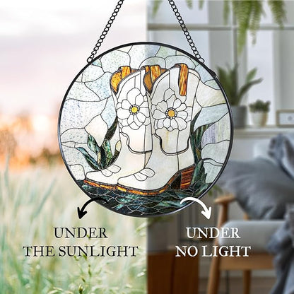 Western Cowgirl Boots Stained Glass Window Hanging Suncatcher, Cowboy Boots Flower Sun Catcher Indoor Window Decor, Cowgirl Gifts Painted Glass Round Wall Hanging Decorations, 7.8x7.8 in