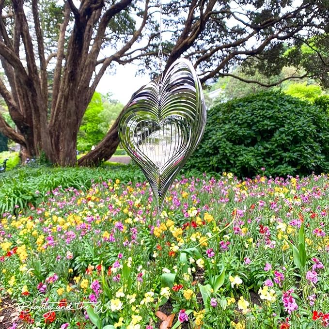 Wind Spinner Metal Garden Spinners Outdoor Garden Art for Backyard Outdoor Hanging Decor and Spinners for Yard and Garden Ornaments 3D Shape (Silver Heart)