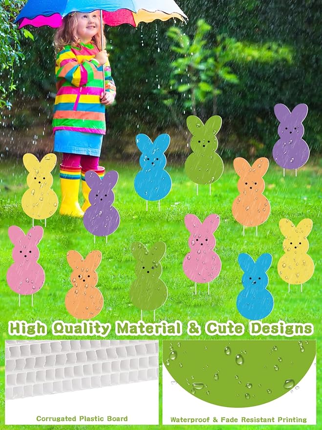12 PCS Easter Yard Signs Outdoor Decorations Pastel Easter Bunny shaped Yard Signs with Stakes Cute Colorful Bunny Yard Decorations for Garden Lawn Home Party Supplies (12 PCS Peeps)