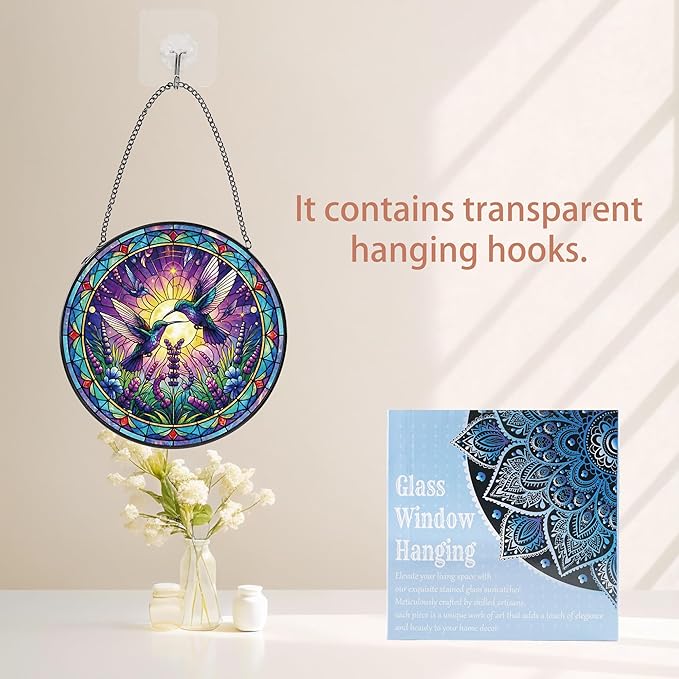 Hummingbird Stained Glass Suncatcher, 8" Round Bird Window Hanging with Metal Chain, Lavender Floral Decorative Glass Art for Home Garden, Memory Gift for Mom Grandma