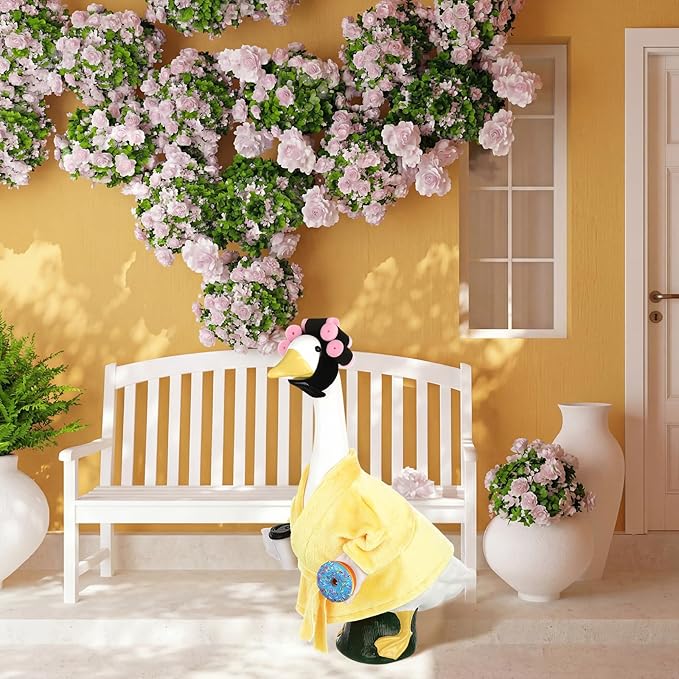 Porch Goose Statue Outfits Set Porch Goose Clothes with Wide Hat Costumes for 23" Plastic Statue Patio Yard Garden Lawn Outdoor Decoration(Yellow,Coffee Cup)