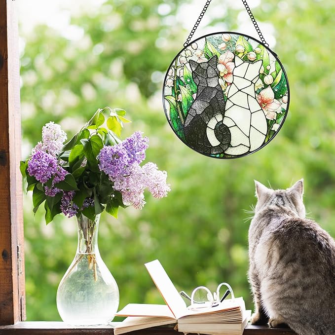 Black White Cats Stained Glass Window Hanging Suncatcher Gifts for Cat Lovers, Lily of The Valley Flower Sun Catcher Indoor Decor, Cat Plant Painted Glass Hanging Decorations, 7.8x7.8 in