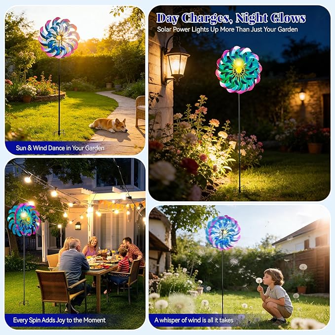 Solar Wind Spinners Outdoor, Metal Large Garden 24" Windmill with Solar Light, 7 Color LED, Wind Sculpture for Yard & Lawn, 5 Legs Ground Stake, 84.6" to 49.8" Height, Large Wind Spinner