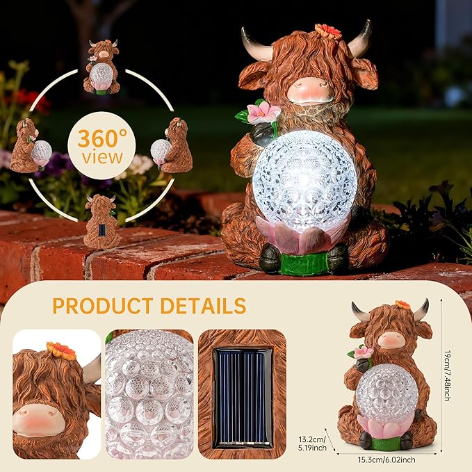 Highland Cow Garden Decor Solar Garden Lights, Highland Cow Outdoor Statue with LED Crystal Ball Waterproof for Outdoor,Lawn,Patio,Highland Cow Gifts