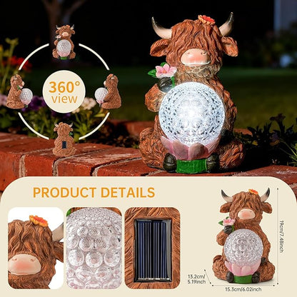 Highland Cow Garden Decor Solar Garden Lights, Highland Cow Outdoor Statue with LED Crystal Ball Waterproof for Outdoor,Lawn,Patio,Highland Cow Gifts