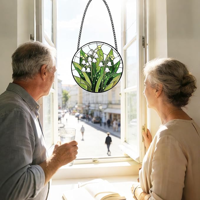 Stained Glass Window Hanging, Lily of the Valley Flower Sun Catcher Glass Panel Green and White Suncatcher Decor for Birthday, Women, Men, Wife, Aunt, Lovers, Home Garden 7.8 in