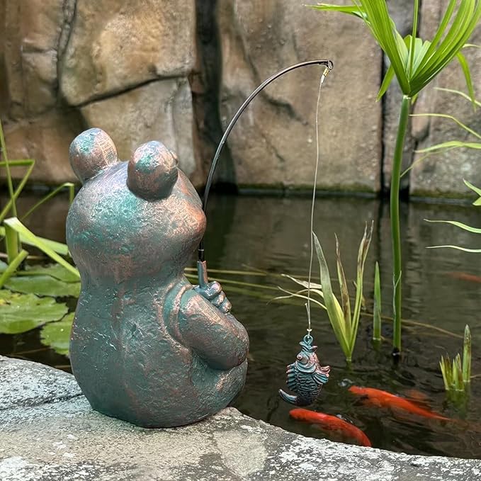 Antique Copper Fishing Frog Statue - Outdoor Garden Statue & Koi Pond Decor