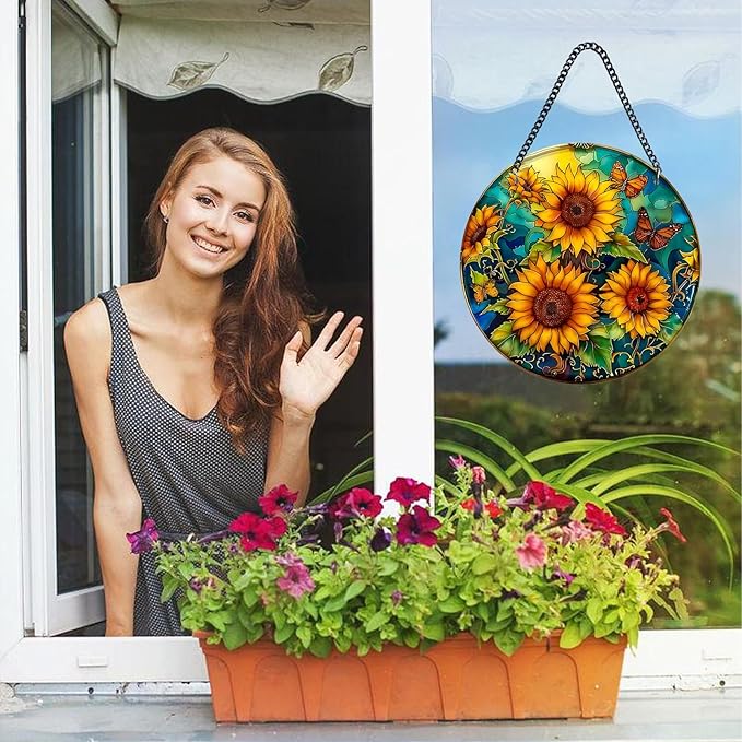 Plexiglas Sunflower Suncatcher Window Hanging - Sun Catchers for Windows Hanging - Hand Painted Suncatcher Garden Ornaments Christmas Mother's Day, Valentine's Day Ornaments