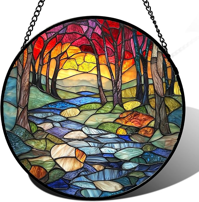 Stained Glass Window Hanging, Red Tree Abstract Sunset Lake Sun Catcher for Window Home Decor Landscape Suncatcher Mother's Day Birthday Gifts for Women Men Mom and Nana 6.3 in
